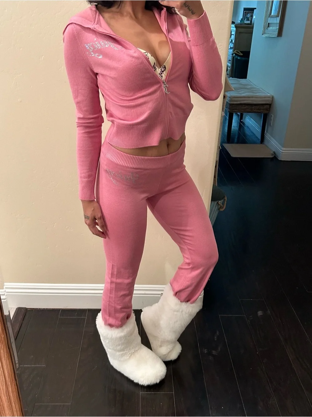 Juicy Couture Pink Knitted Tracksuit Set with Rhinestone Detail